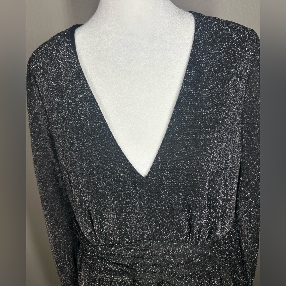 BODEN NWT Black Silver Sparkle Long Sleeve V-Neck Ruched Midi Party Dress Sz 12 - Picture 7 of 16